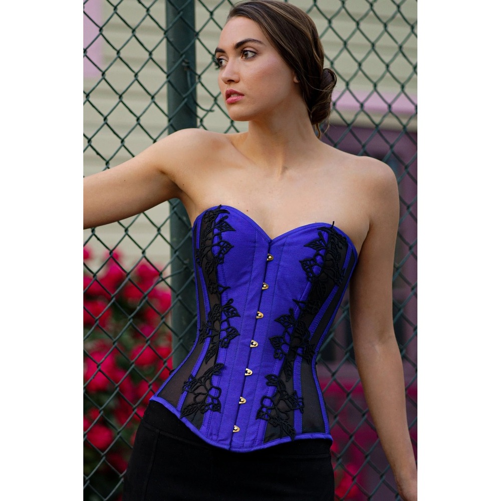 NWT Corset Story Lace Mesh Panel Longline Overbust Blue Black Women's Size 24"